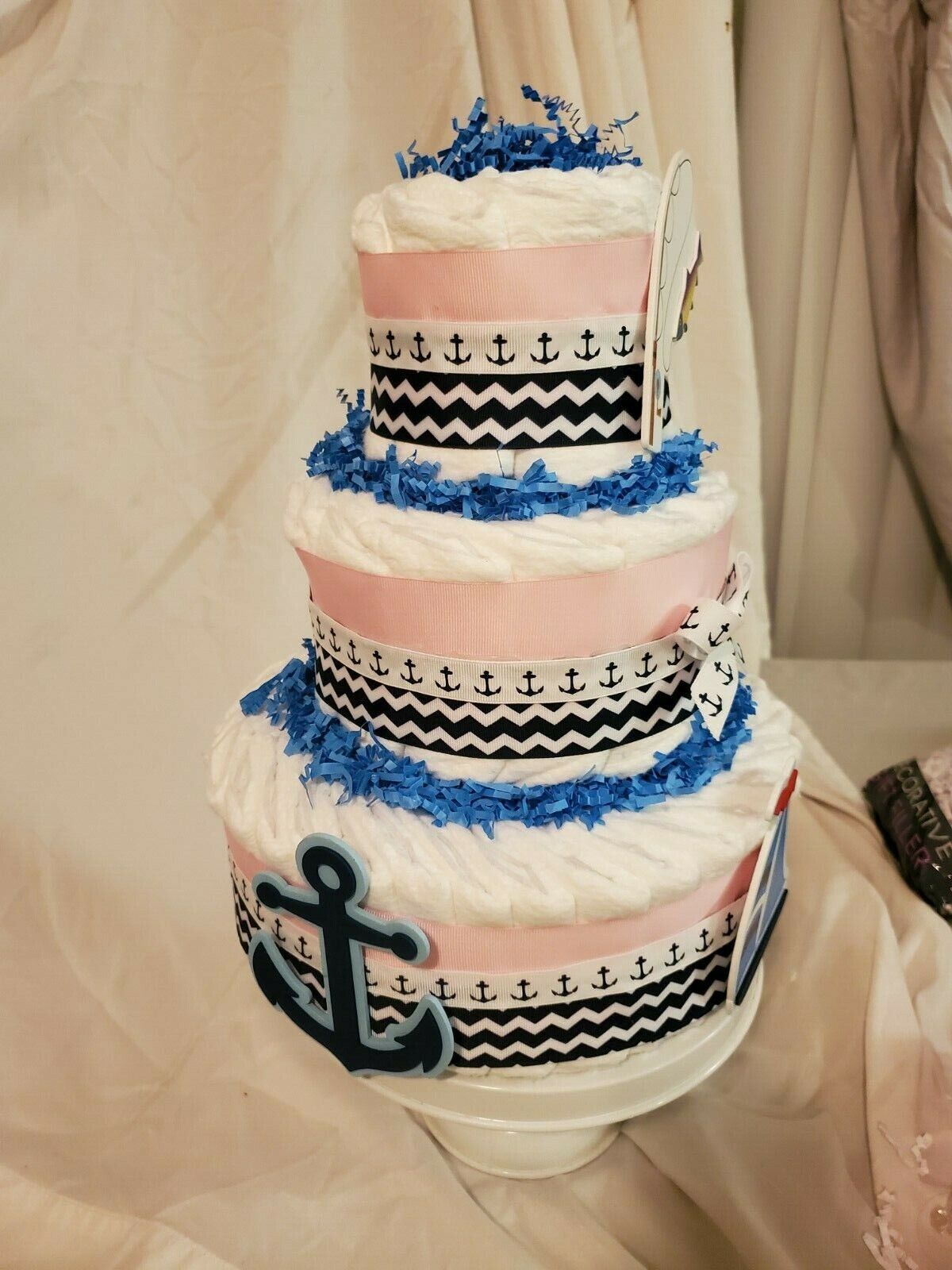 3 Tier Nautical Diaper Cake ~ Pink & Blue Fishing Sailing Baby Shower Decor